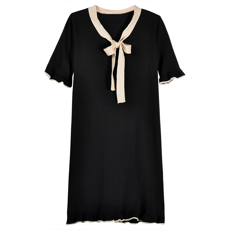 

Summer 2021 New Hepburn Style French Retro Dress Bow Black Knitted Skirt Women's Clothing for Students