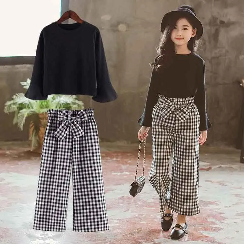 

2021 Kids Girls Clothes Sets Long Sleeve T-Shirts + Plaid Wide Leg Pants Autumn Children's Clothing Teenage for 7 8 10 12 Years