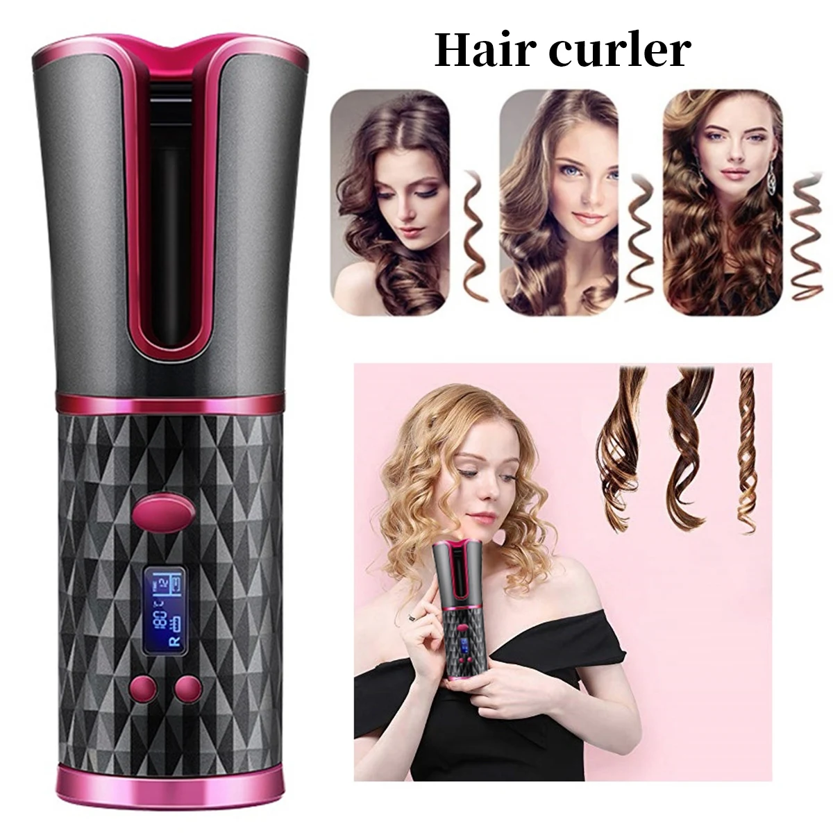 

Rechargeable Rotating Ceramic Barrel Curling Wand Wireless Hair Curler Automatic Hair Curler LED Display Adjustable Automatic