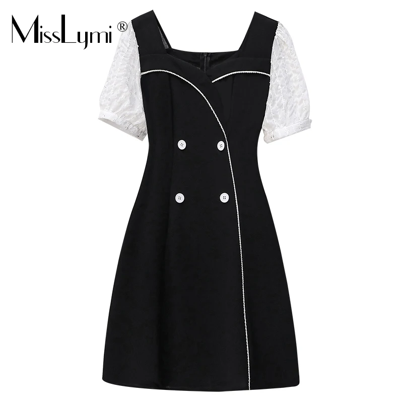 

L-5XL Plus Size Double Breasted Vintage Dress Women Summer 2021 Korean Fashion Square Collar Patchwork Short Sleeve A-Line Dress