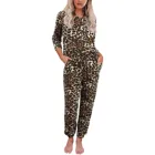 Леопардовый комплект из двух предметов, женские повседневные брючные костюмы с длинным рукавом, пижама с разрезом и принтом, домашний костюм, женская одежда, спортивные костюмы
