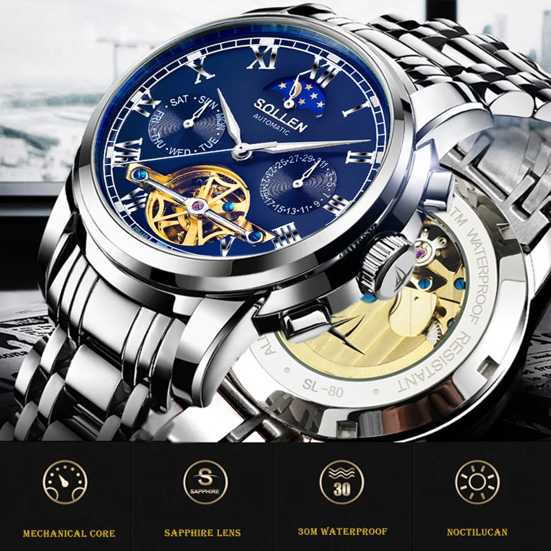 Роскошные мужские механические часы SOLLEN автоматические многофункциональные