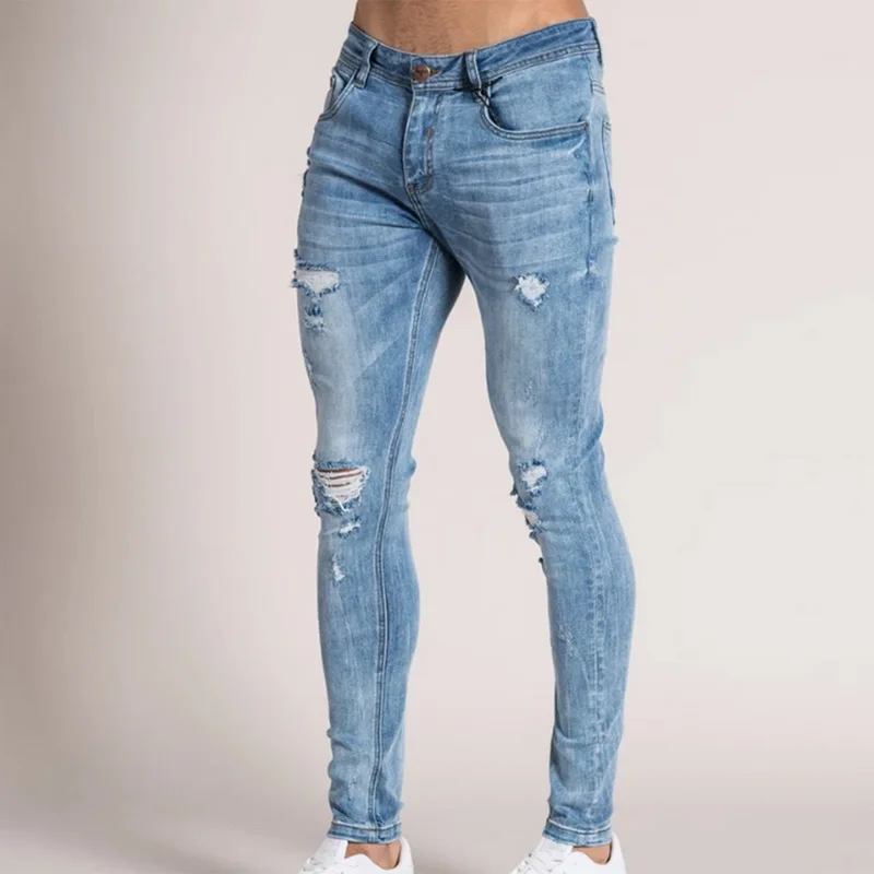 Рваные Джинсы Брюки Slim Fit байкерские джинсы стретч модные потертые джинсовые