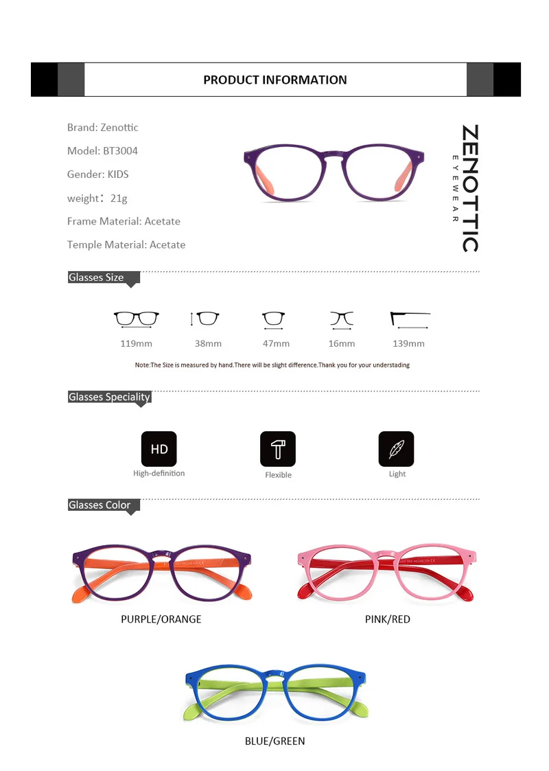 

ZENOTTIC Children Prescription Glasses Boy Girl Kids Acetate Optical Eyewear Myopia Blue Light Glasses Computer Eyeglasses