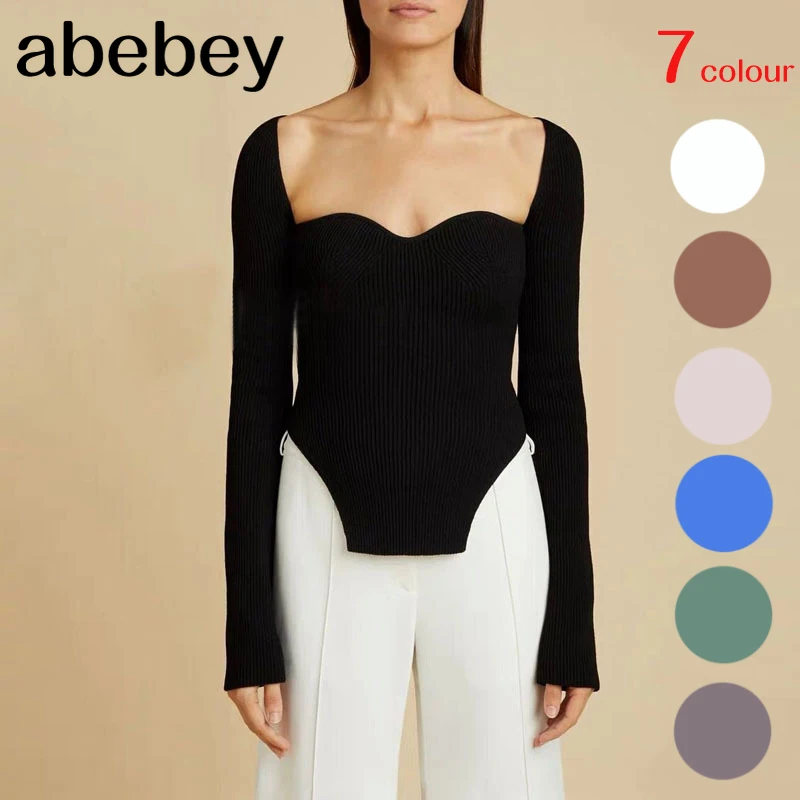 

2021 new spring sexy stylish sqaure collar full sleeves knitting pullover sexy slim T-shirt female top WK08001L