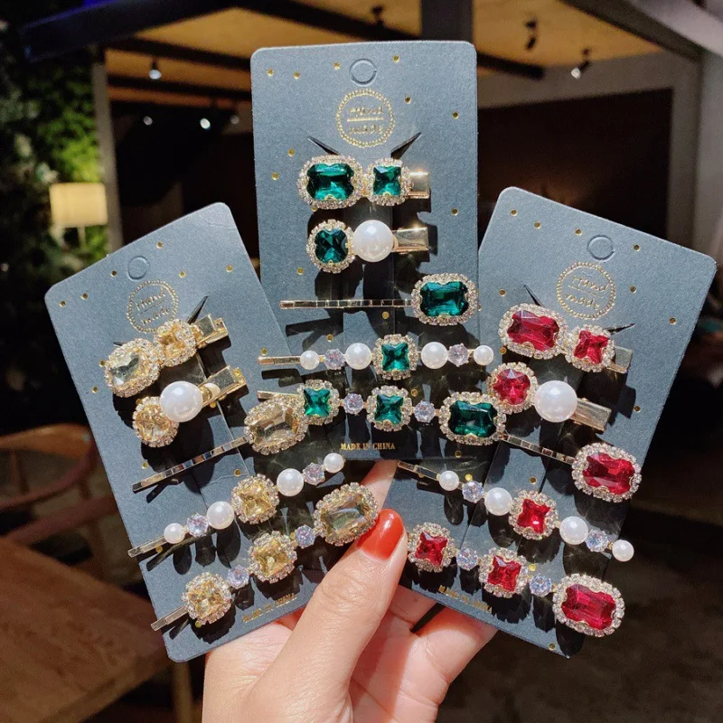 

5Pcs/Set Exquisite Emerald Vintage Rhinestone Barrettes Luxury Shredded Hair Side Clip Womens Hairclip Hairpin Hair Accessories