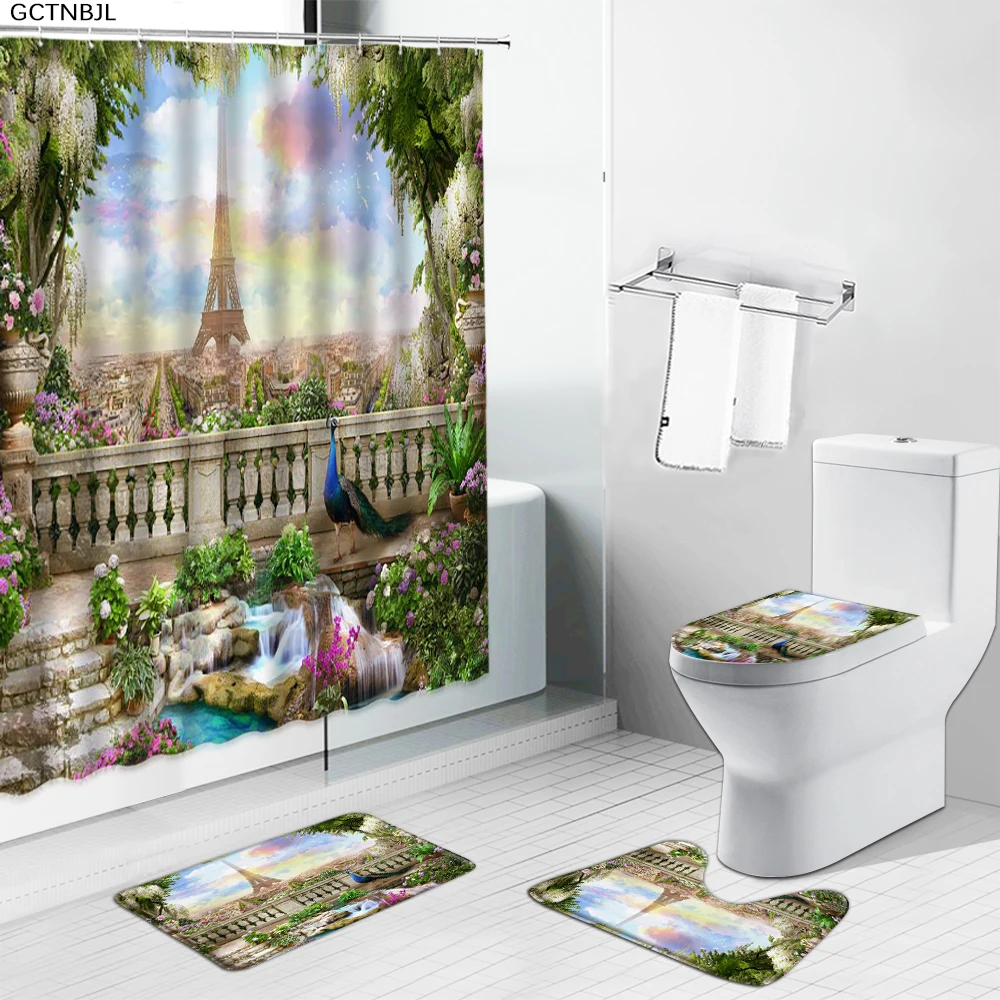 

Набор из штор для ванной и туалета с изображением Парижской башни, с природным пейзажем, нескользящий коврик, декоративный ковер для ванной