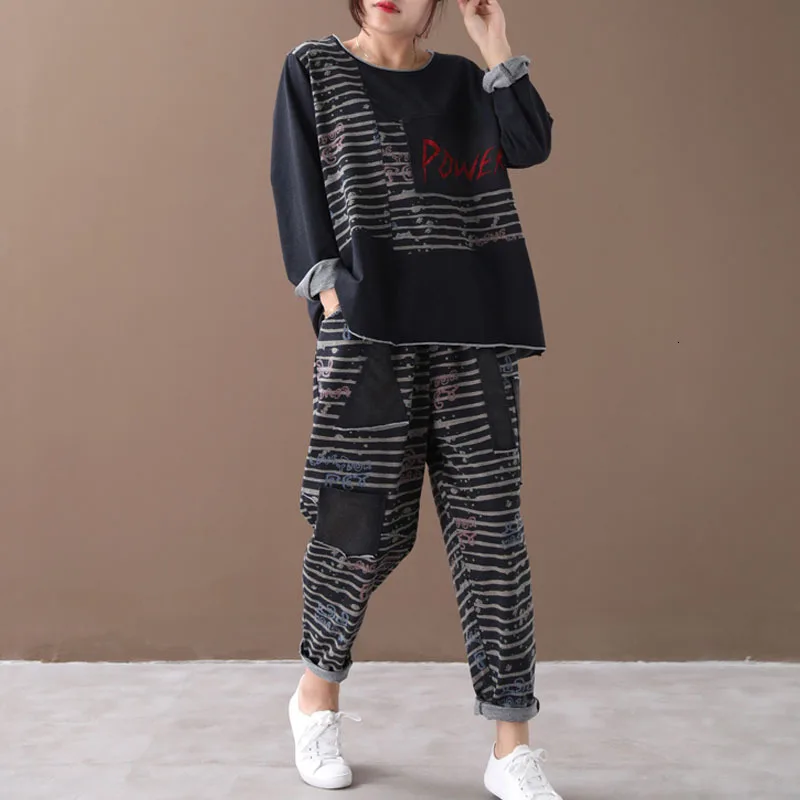 XXXL Новинка осени 2019 корейский спортивный костюм в полоску Женские топы и штаны