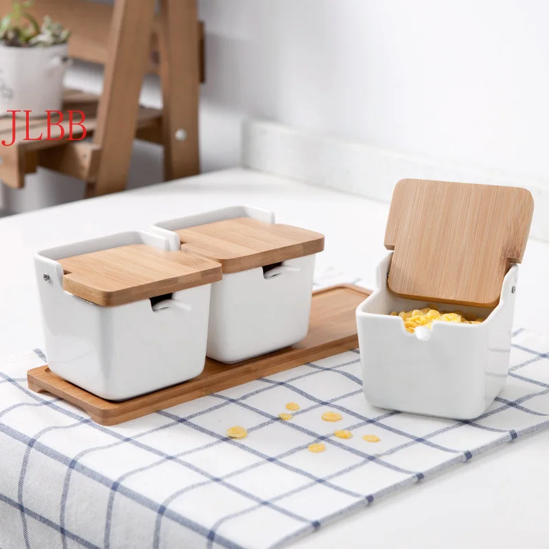 

Set of Ceramic Seasoning Rack Spice Pots Bowls With Spoon & Porcelain Box and Bamboo Cover - Storage Container Condiment Jars