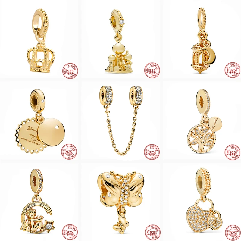 

925 Silver Golden Safety Chain Family Tree Butterfly Heart Pendant Charm Fit Original Pandora Bracelet DIY Beads Women Jewelry
