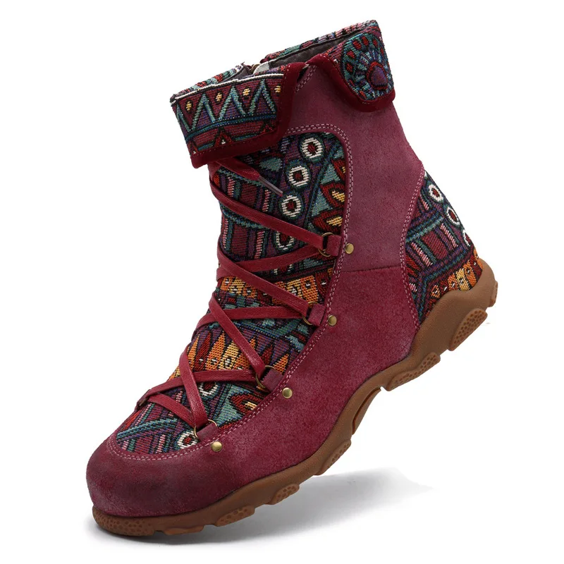 Retro Genuine Leather Printing Comfortable Embossed Pattern Splicing Folkways Craft Cloth Women Zipper Ankle Boots Women Shoes