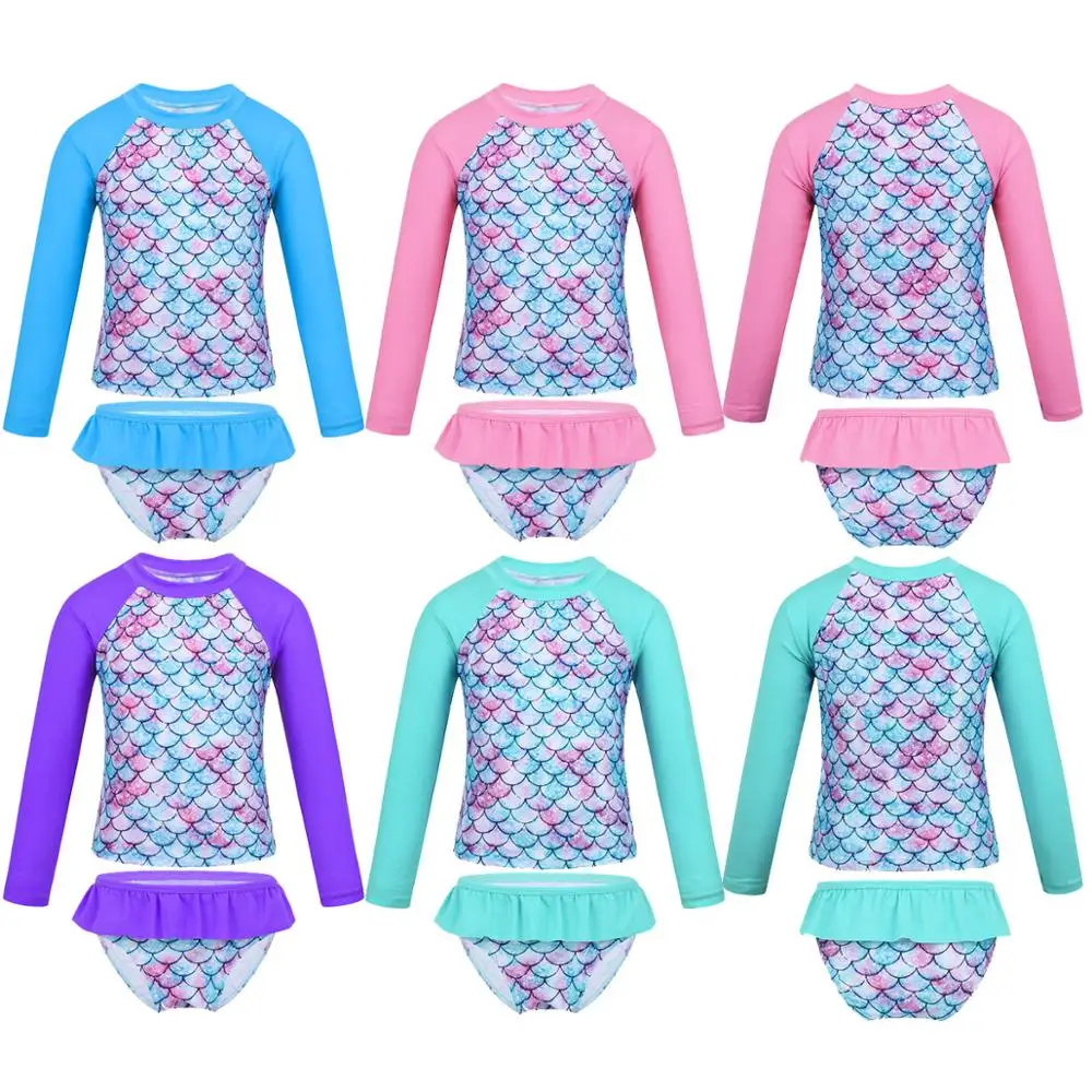 UPF 50+ Children's Swimwear Girls Tankini Swimsuit Long Sleeves Fish Scales Printed Rashguard Tops with Bottoms Kids Swimsuits