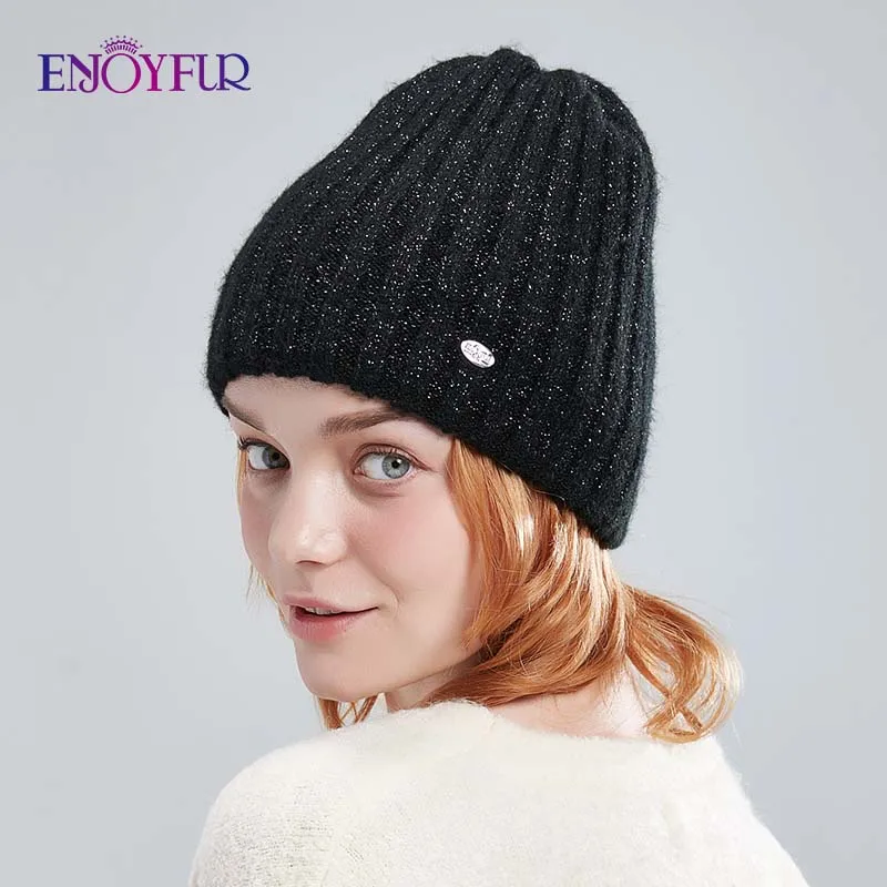 ENJOYFUR Thick warm winter hats for women soft mohair knitted female caps double lining beanies