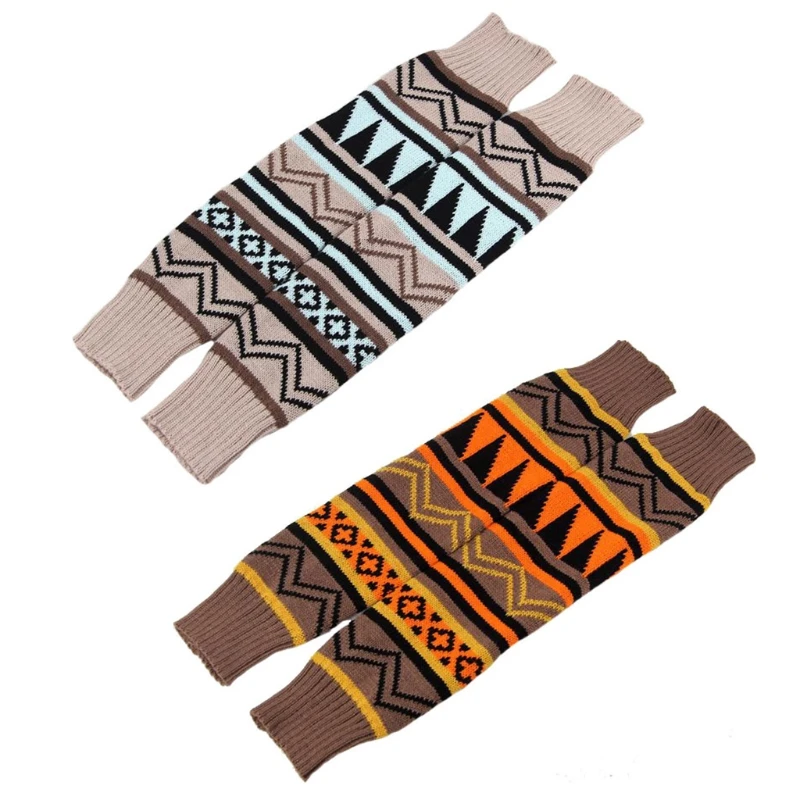 

85WB Women Bohemian Ribbed Knit Leg Warmers Ethnic Geometric Striped Pattern Warm Boot Cuffs Gaiters Crochet Thigh High Socks