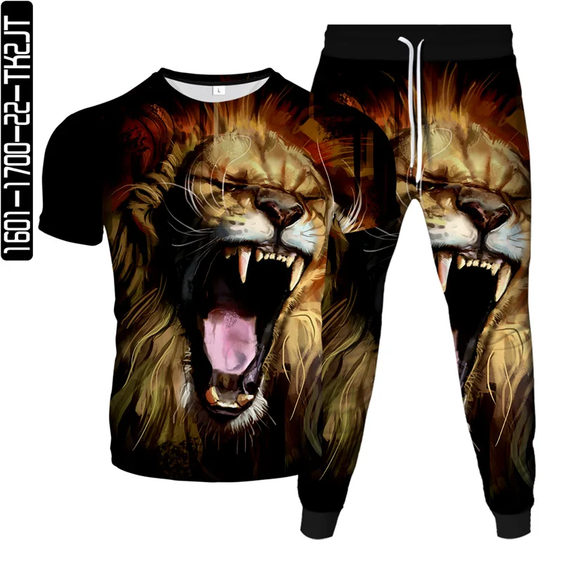 

2021 summer 3D lion print beach sports suit men and women fashion 3DT shirt short sleeve + trousers outdoor suit