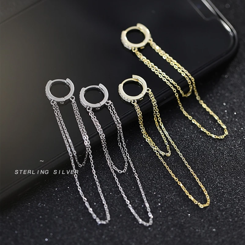 925 sterling silver earring Fashion zircon Long Tassel Chain Earring temperament exaggeration women girl ear jewelry | Украшения и