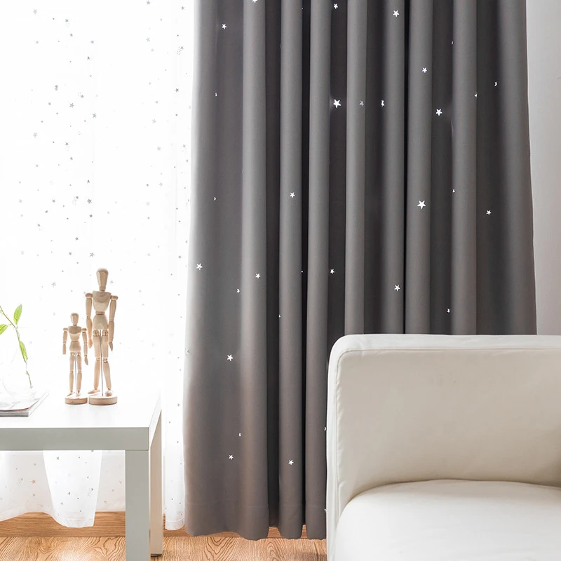 

Korean Fixed Tape Solid Hollow Stars Blackout Curtain for Living Room Physical Shading All-match Fabric Drape Cortinas M226-5
