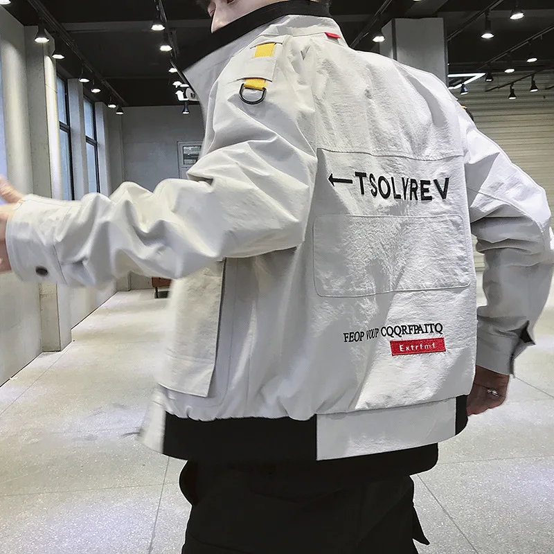 

Куртка мужская с длинным рукавом, свободная повседневная куртка на молнии, с надписью, в Корейском стиле, стиль Харадзюку, большие размеры