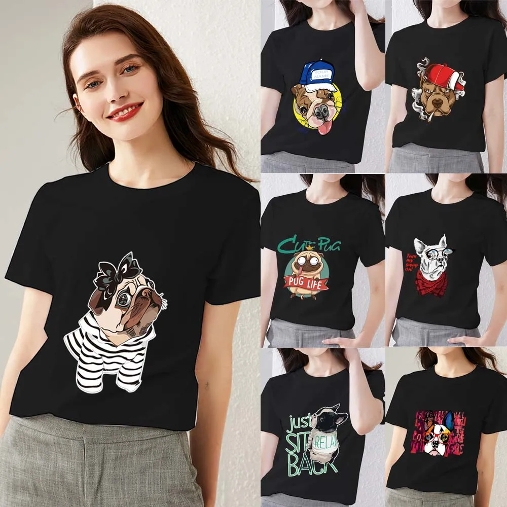 

Women's T-shirt Summer Fashion Casual Basic O-neck Slim Women's Commuter All-match Cute Dog Print Series Comfortable Soft Top