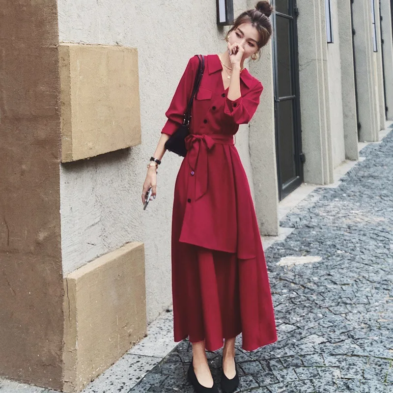 

Spring and autumn new ladies temperament irregular long dress wine red French niche design sense long-sleeved dress women