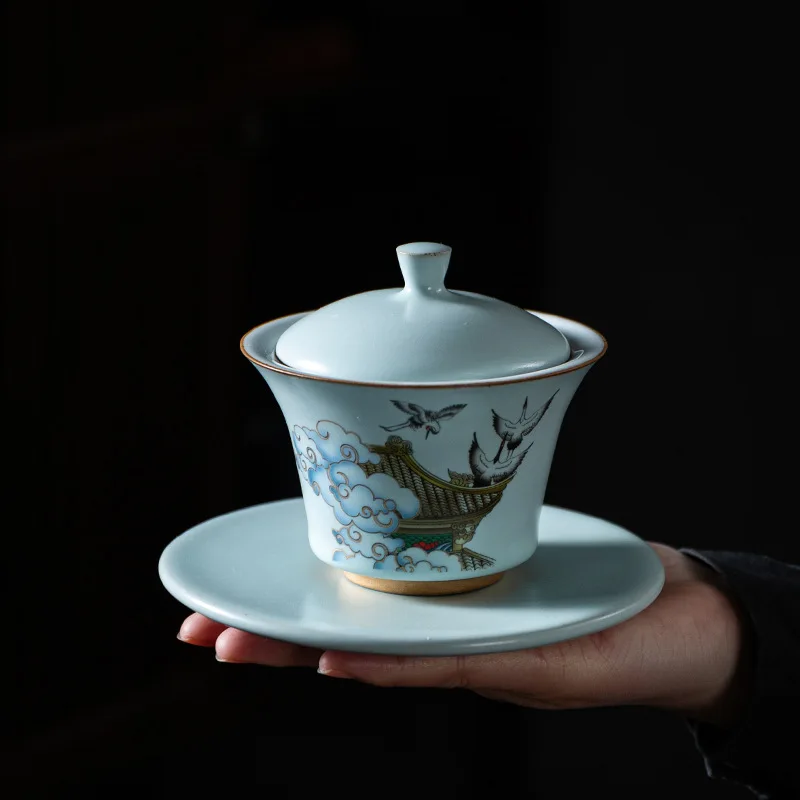 

Days Celadon Glaze Ru Ware rui he Tureen Japanese Large Ceramic Tea Bowl Cup Ru-Porcelain Gaiwan Tureen Gracked Supportable