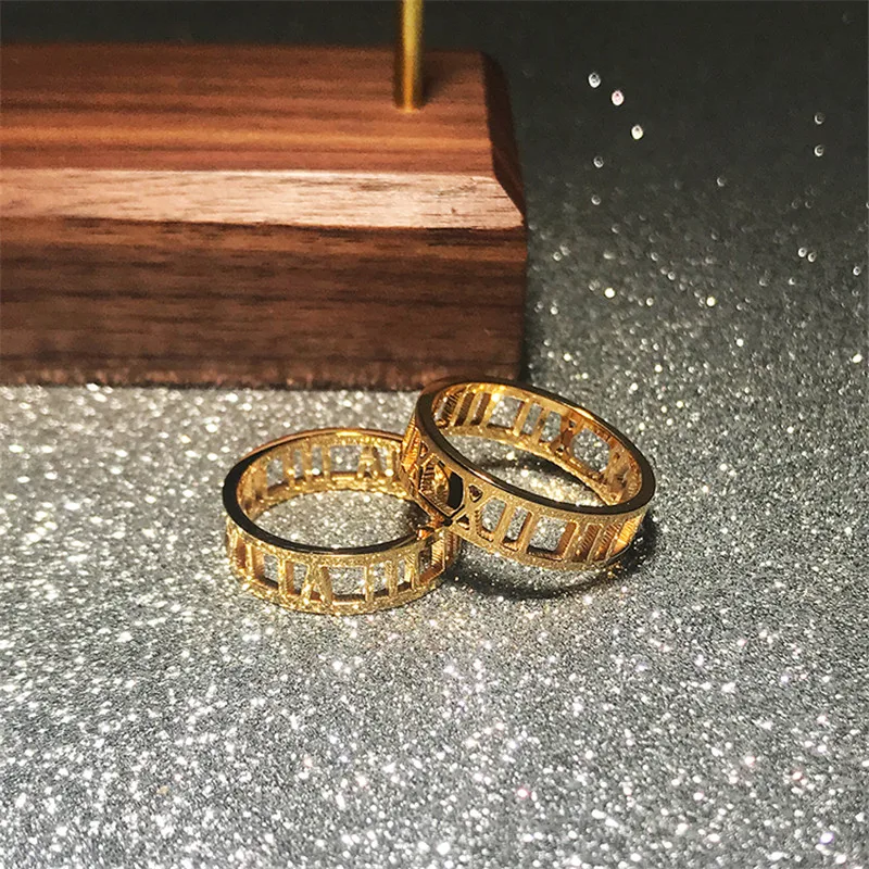 

YUN RUO Hollow Out Roman Numerals Lovers Ring Rose Gold Color Woman Gift Fashion Titanium Steel Jewelry Never Fade Drop Shipping