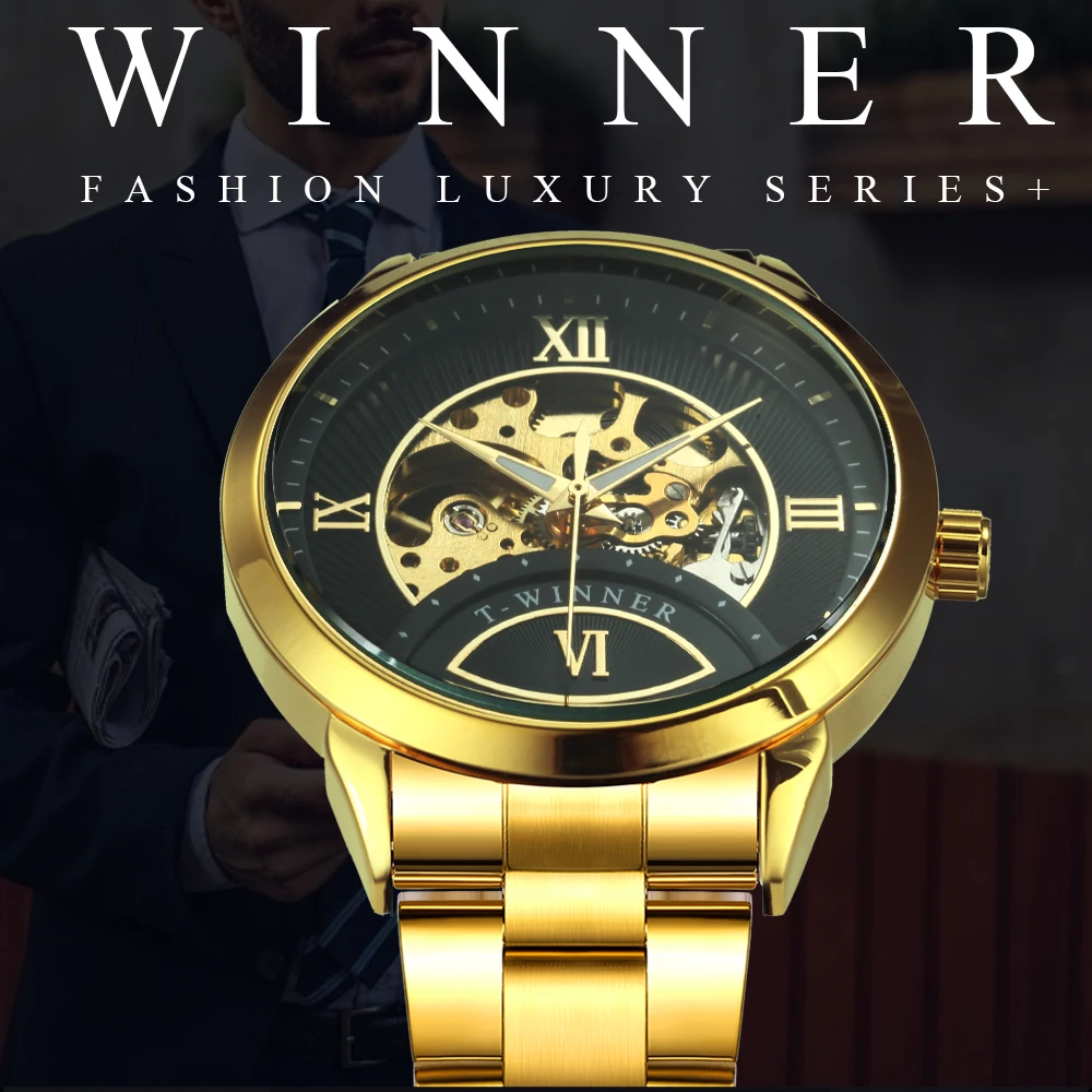 WINNER официальный люксовый бренд автоматические часы черный ремешок из нержавеющей стали золотой скелет часы для мужчин механические наручные часы