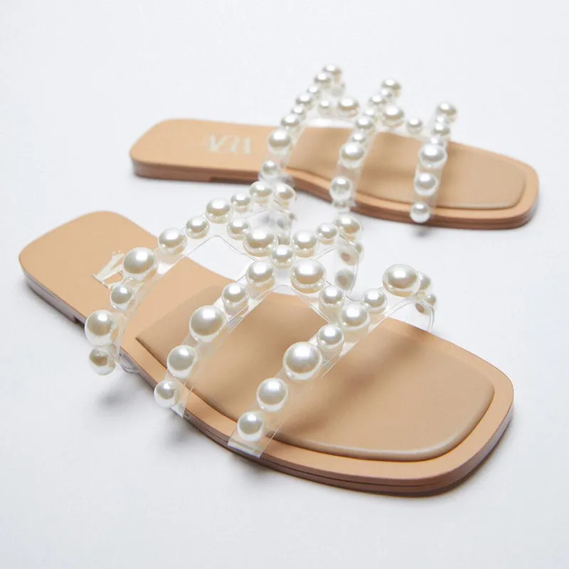 

ZAR Brand Slippers Women Summer Luxury 2021 New Fashion Square Toe Pearl Flat-Heeled Sandals Plus Size 42 Chaussure Femme Mujer