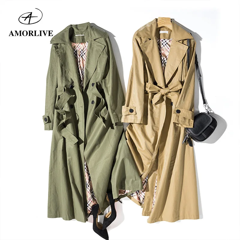 AMOR LIVE Super Long Trench Coat With Belt Waterproof Windproof Drawstring Waist Casual Female Windbreaker Elegant | Женская одежда