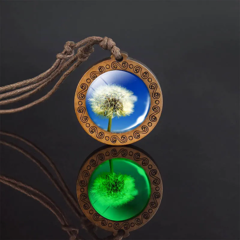 

Fashion Dandelion Wooden Necklace Glass Cabochon Jewelry Plant Dandelion Wax Rope Chain Wood Pendant Women Accessories Gift