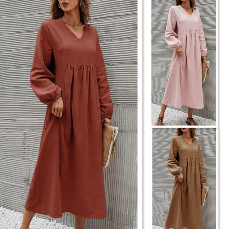 

Элегантные повседневные однотонные платья весна-осень 2022, пляжный Свободный пуловер макси с длинным рукавом-фонариком и V-образным вырезом,...