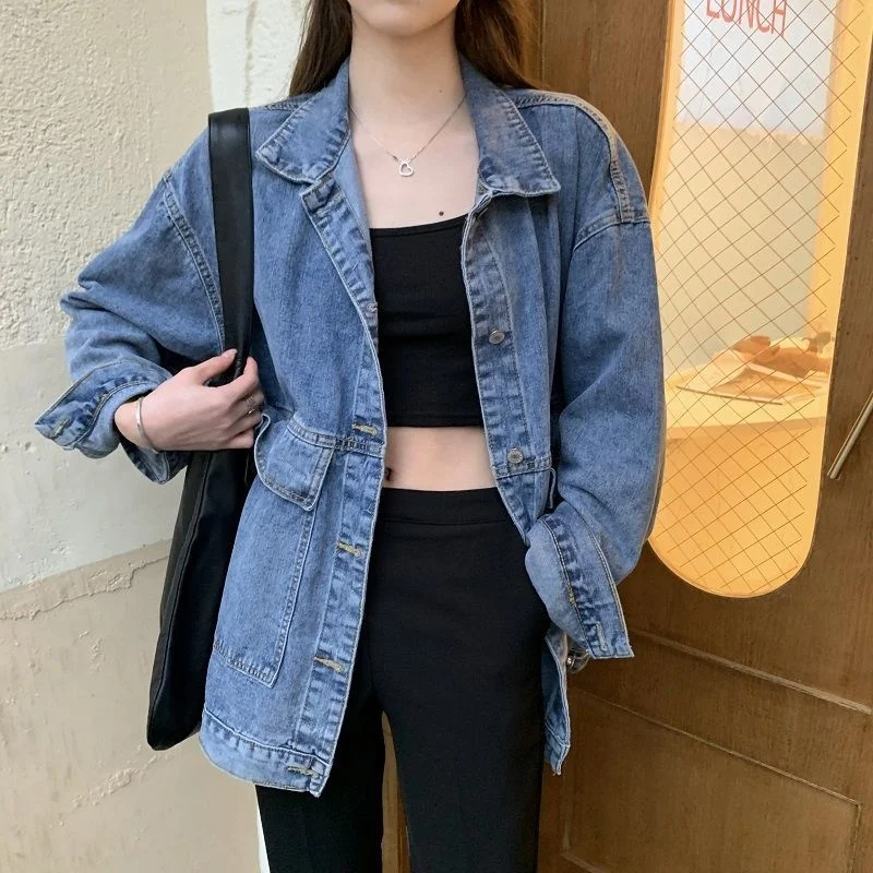 

2021 Autumn Winter Denim Top Button Patchwork Oversized Jean Jacket Loose Blue Casual Women Long Sleeve Fashion Feminina Coat