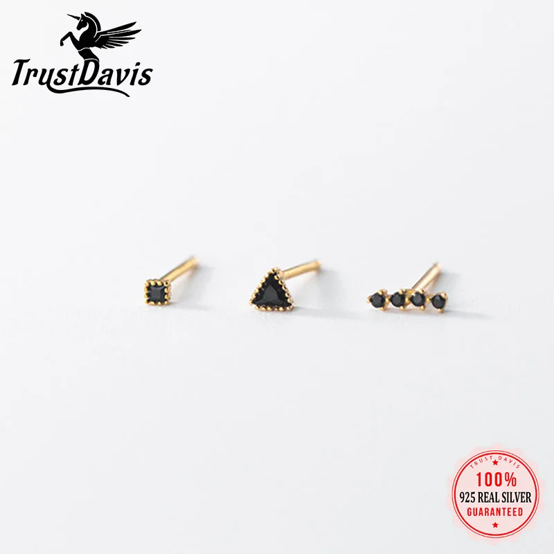 

TrustDavis Authentic 925 Sterling Silver Black Zircon Square Triangle Stick Stud Earrings for Women Jewelry New Design DA2724