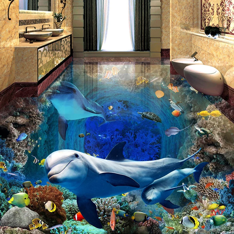 Underwater World Dolphin 3D Floor Painting Mural Wallpaper Waterproof Self-adhesive Bedroom Bathroom Floor Tiles Stickers Wall
