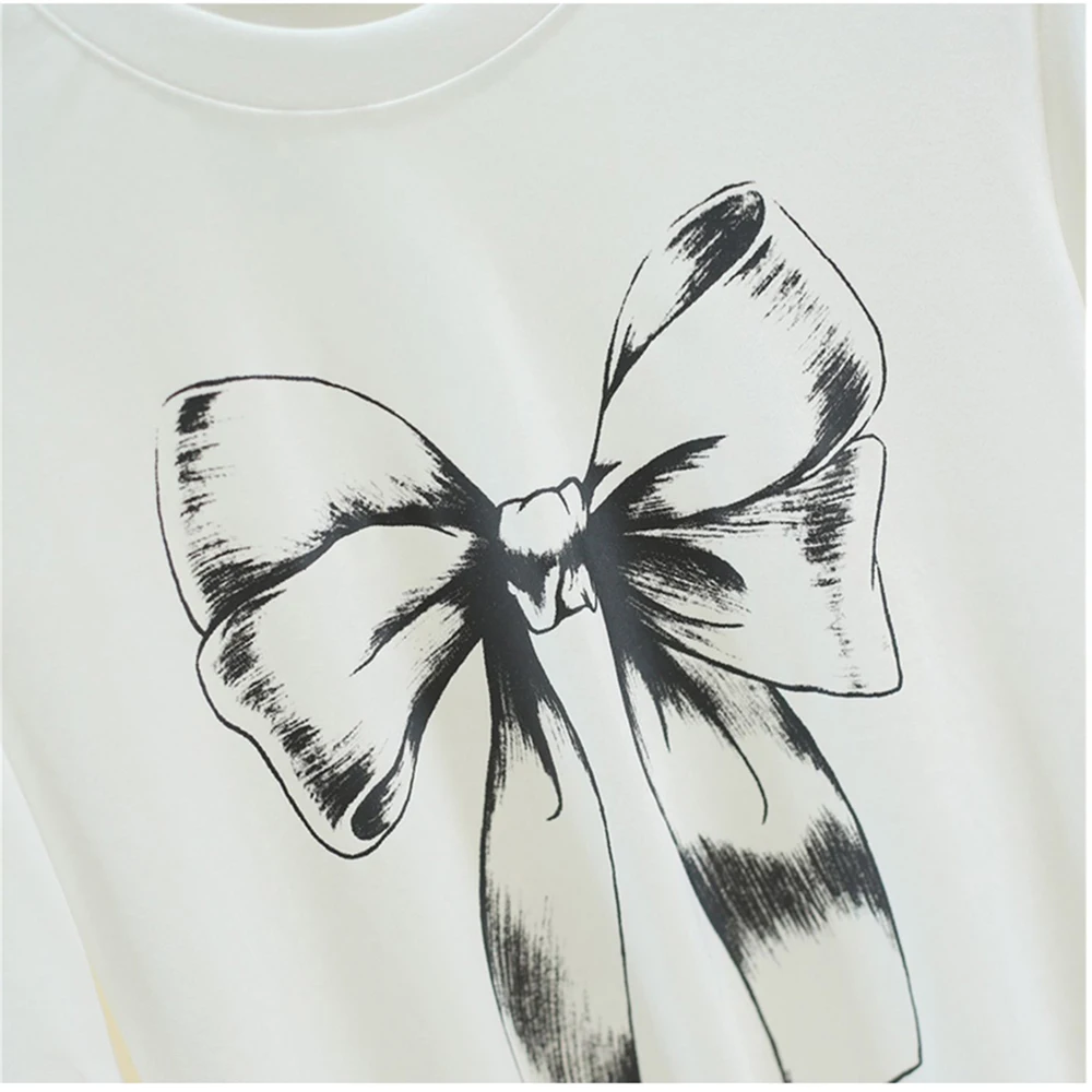 

Patchwork Bow Print Cotton Short Sleeve T Shirt Woman Fashion Flower Baggy Loose S-XL White Black Tops Summer Clothes For Women