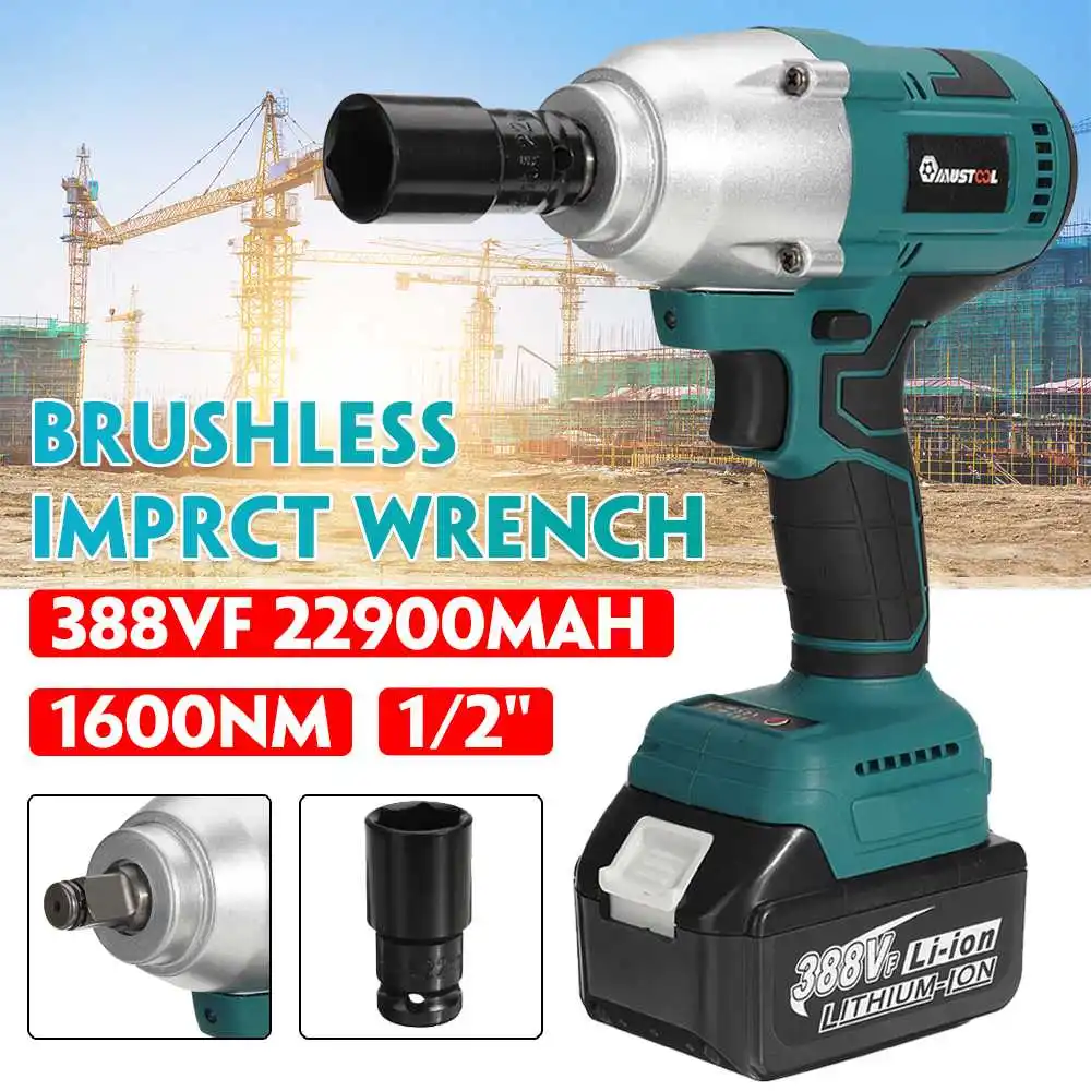 

1600N.M High Torque Brushless Electric Impact Wrench 1/2 Socket Rechargeable Cordless Wrench Power Tools for Makita 18V Battery