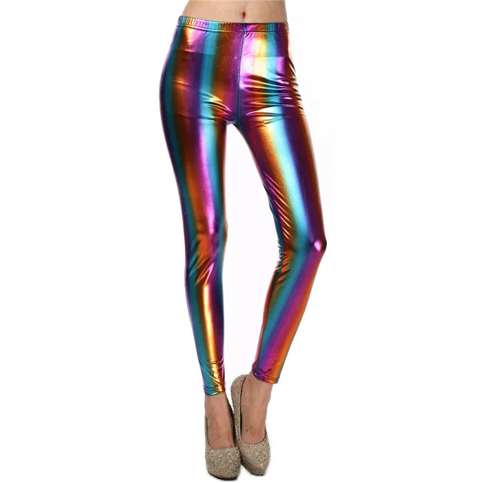 Colorful Glitter Holographic Pu Long Pants Rainbow Color Striped Elastic Pencil Pants Sexy Women Skinny Trousers Streetwear Fall - Цвет: Colorful