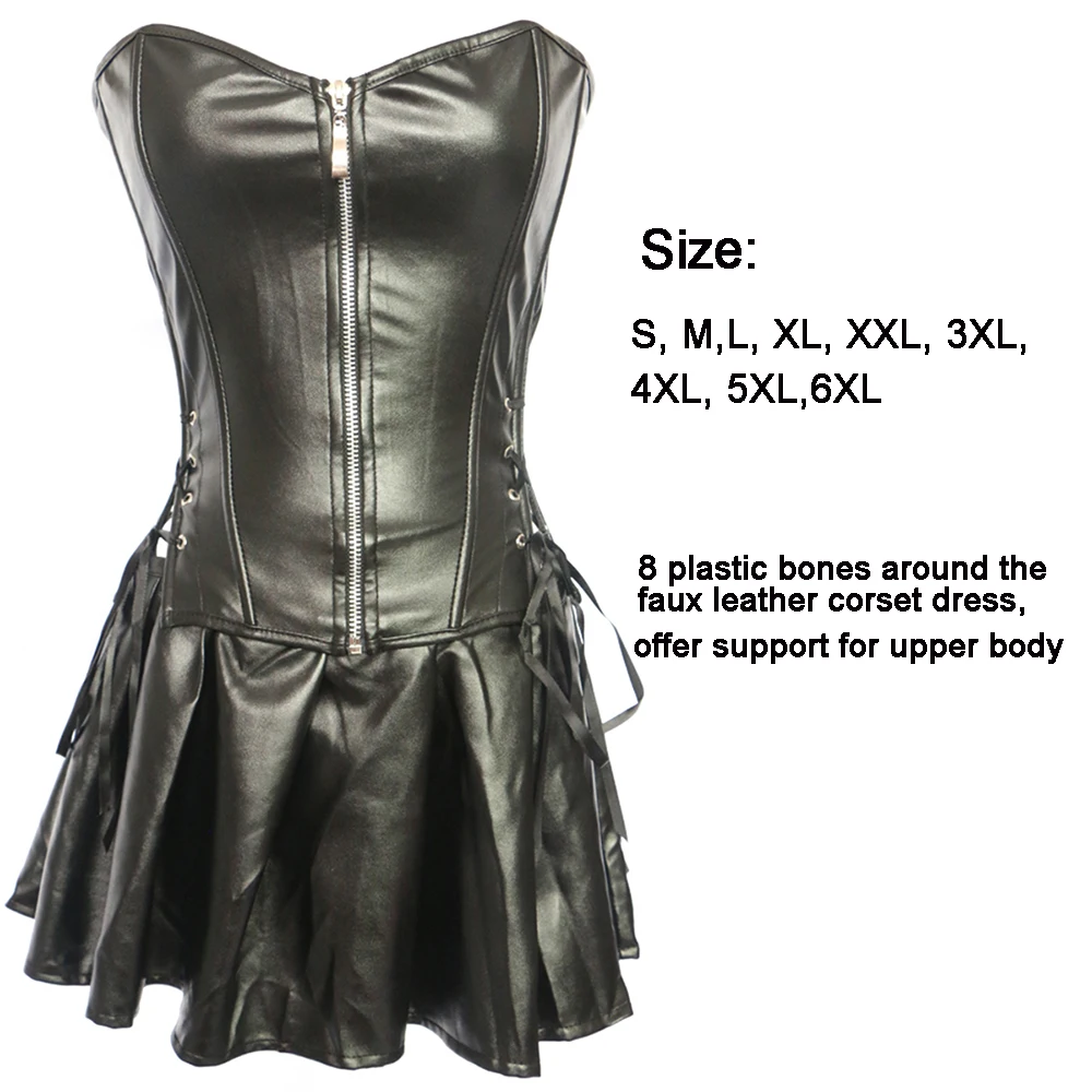 S-6XL Plus Size Gothic Faux Leather Corset Dress Zipper PU Steampunk Sexy Lace Up Overbust Burlesque Bustier | Женская одежда