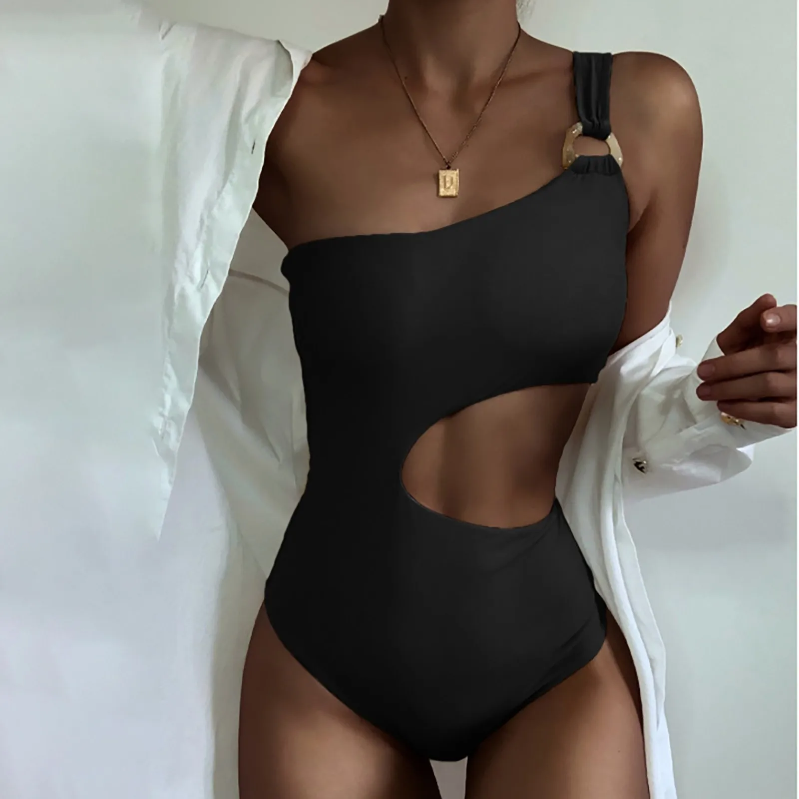 

One-Piece Swimsuit Bathing Suit Women Bikini Solid Color Hollow Out Female Sense Waistless One Shoulder Swimwear Swimming Suit