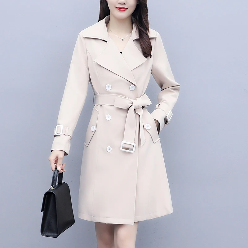 

WEIHAOBANG 2021 Autumn Winter New Women's Windbreaker Solid Color Lapel Double Row Buckle Lace Up Long Pocket Windbreaker Coat