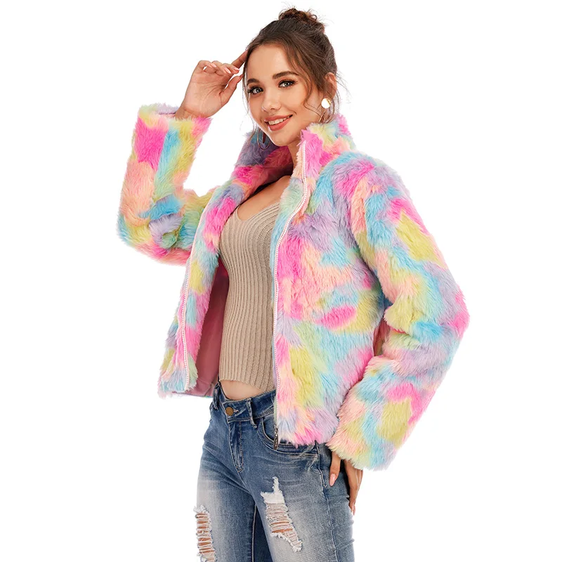 Многоцветное пальто из искусственного меха для женщин зимняя толстая верхняя