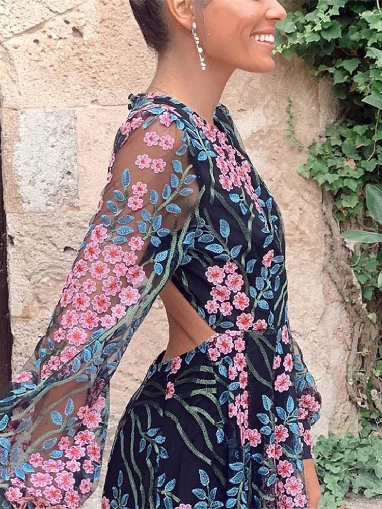 Vacation Dresses Women A-Line Floral Print Backless Maxi Beach Dress Ladies Elegant Party Night Slim Dress Summer Beachwear