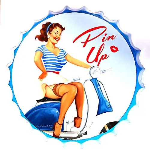 

Tin Sign Bottle Cap Metal Tin Sign Pin Up Girl Beauty , Round Metal Signs for Home and Kitchen Bar Cafe