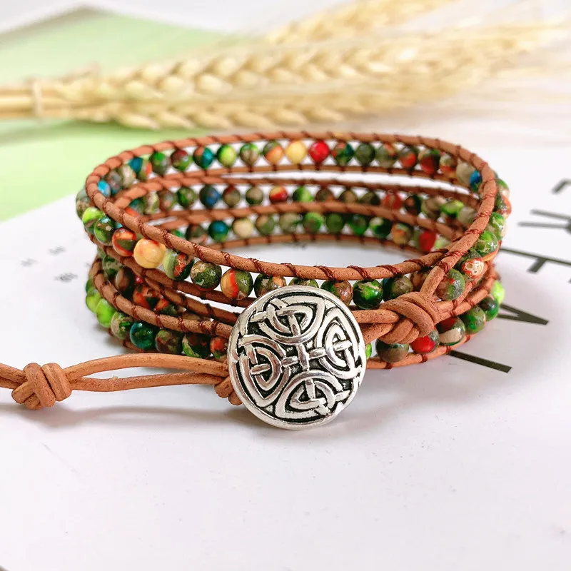 

Colorful King Stone Triple Leather Wrap Bracelet for Women Fancy Stone Handmade Multilayer Mala Beads Leather Jewelry Woman's