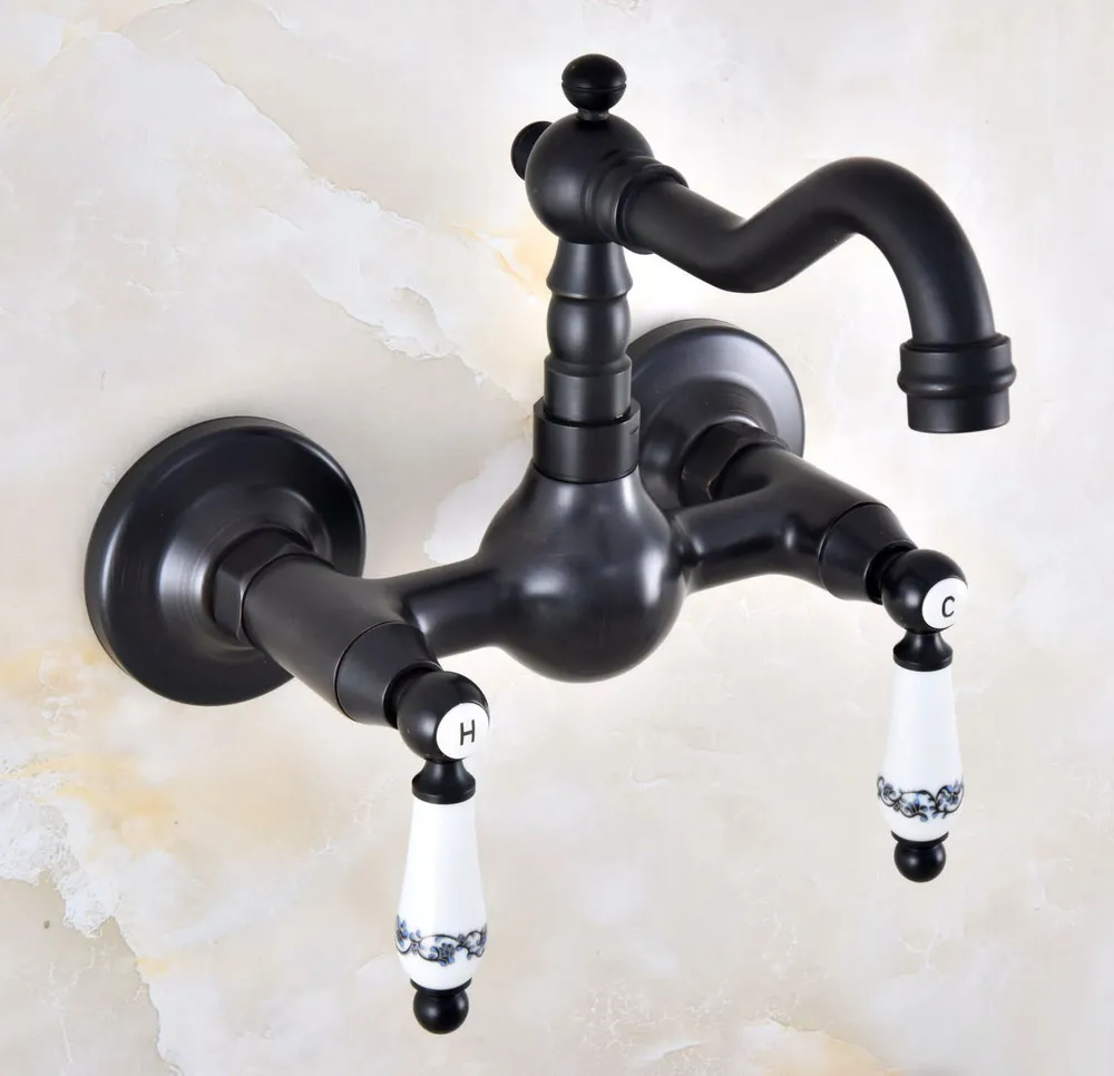 

Black Oil Rubbed Brass Two Hole Lever Handle Kitchen Bathroom Basin Faucet Sink Mixer Hot / Cold Taps Swivel Spout 360' dnf867