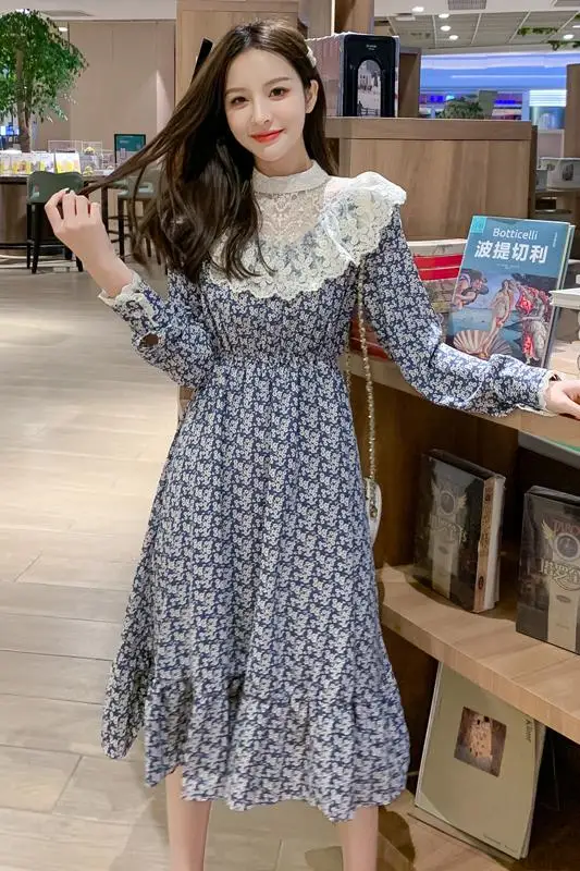 

Women One Piece Korea Dress Autumn 2021 New Cute Full Sleeve Patchwork Floral Print Chiffon Lace Turtleneck Dresses Traf Robe