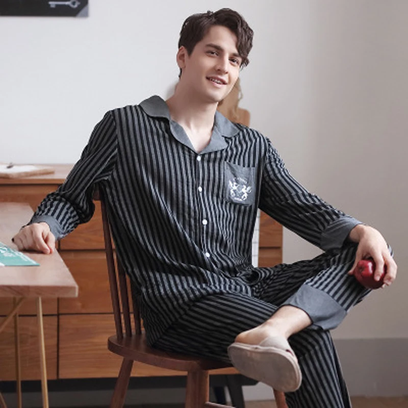 Good Quality Homewear Clothes Long Sleeve Breathable Cotton Loose Sleepwear Night Suit Men Pajamas Set