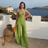 solid color hollow back high waist jumpsuit women 2021 summer new style suspenders wrapped chest wooden ear trousers women