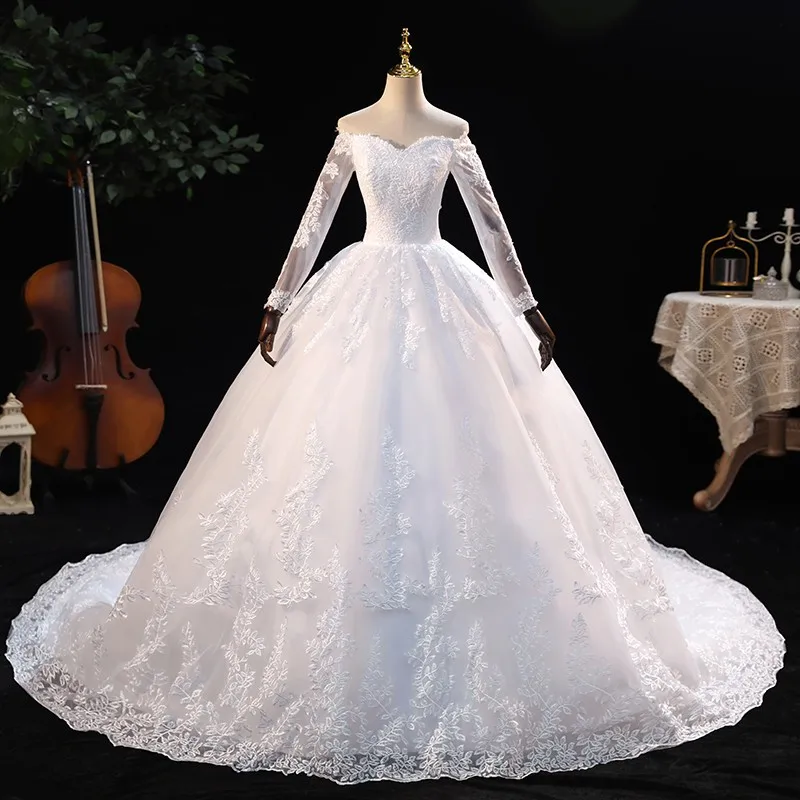 

2021 New Long Sleeve Boat Neck Wedding Dress With Train Luxury Lace Bridal Ball Gown Vestido De Noiva Robe De Mariee Customize