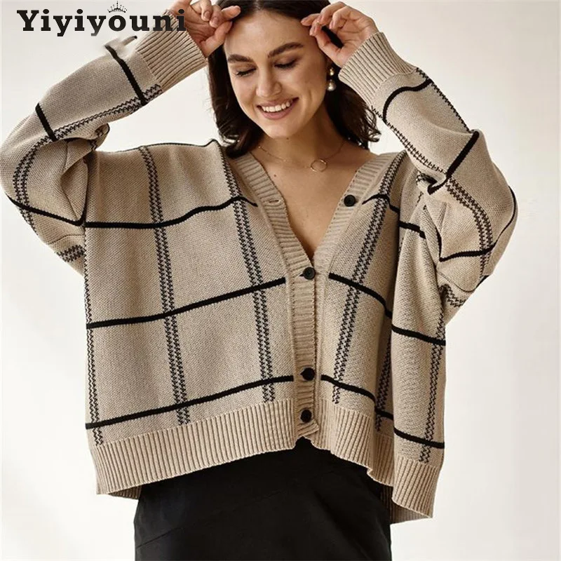 

Кардиган Yiyiyouni Женский трикотажный в клетку, свободный свитер-кимоно средней длины на пуговицах, с V-образным вырезом, Осень-зима